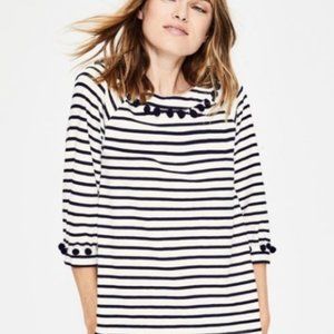 NWT BODEN Rosemary Breton Pom Top Navy White Striped 3/4 Sleeve, Size 6